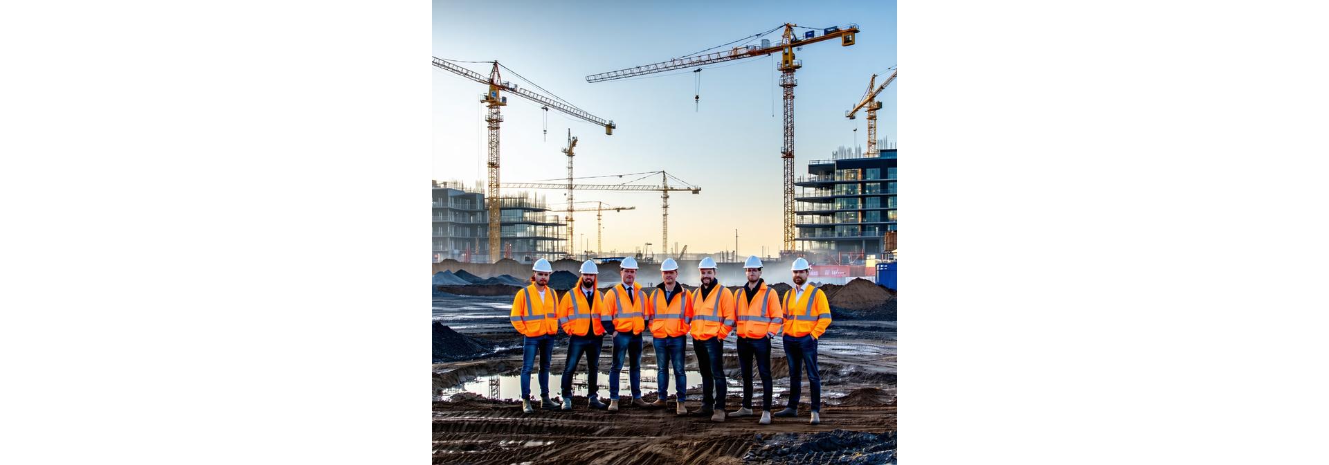 Albion Construction Group team at a Manchester site, modern building cranes at dawn.